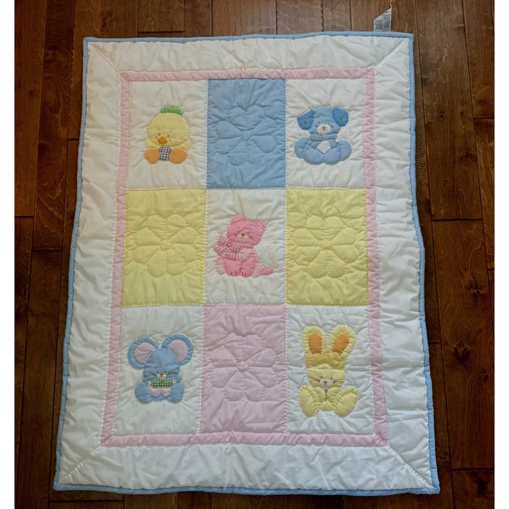 VTG House of Hatten Baby Quilt Blanket Pastel Animals Puppy‎ Kitten Bunny Duck